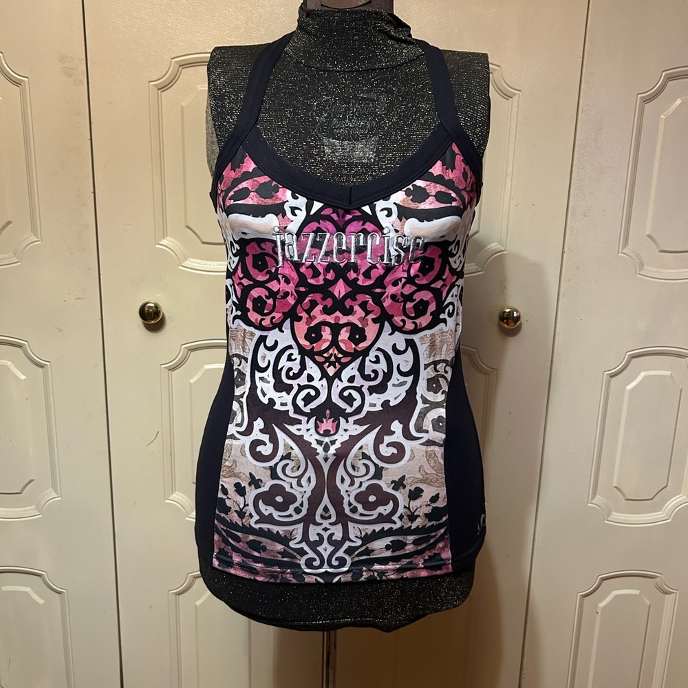 Jazzercise Athletic top, pink/black pattern, size M